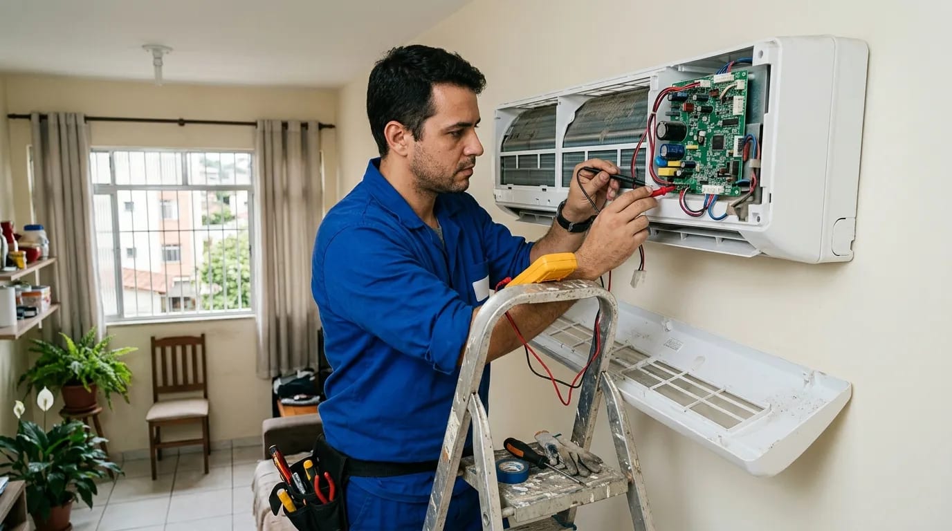 Eletricista ligando a placa do ar-condicionado split em Ribeirão Preto‑SP